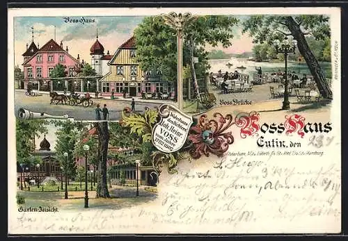 Lithographie Eutin, Voss-Haus, Voss-Brücke, Garten-Ansicht, Pferdekutsche