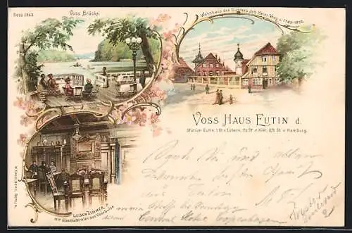 Lithographie Eutin, Wohnhaus von Johann Heinrich Voss, Luisenzimmer und Voss-Brücke