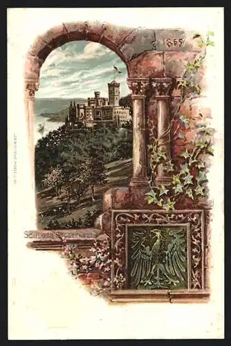 Passepartout-Lithographie Koblenz, Sicht auf das Schloss Stolzenfels am Wasser, Wappen