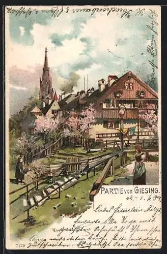 Lithographie München-Giesing, Ortspartie mit Kirchturm