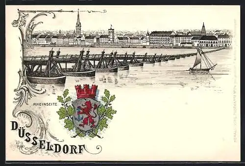 Passepartout-Lithographie Düsseldorf, Boote auf dem Rhein, Stadtwappen