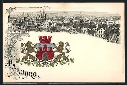 Passepartout-Lithographie Hamburg-Harburg, Gesamtansicht mit Wappen