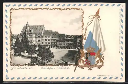 Passepartout-Lithographie Schweinfurt, Marktplatz mit Rathaus, Stadtwappen