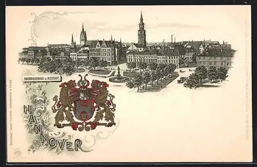 Passepartout-Lithographie Hannover, Panorama mit Friedrichswall und Altstadt, Wappen