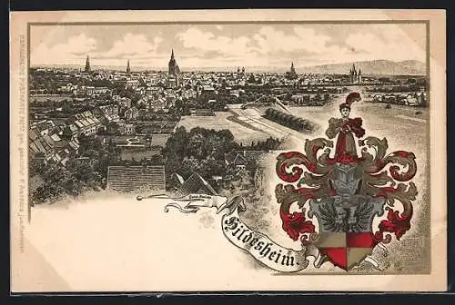 Passepartout-Lithographie Hildesheim, Panoramablick auf die Stadt, Wappen