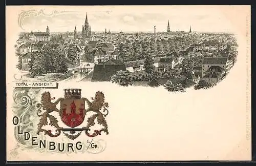 Lithographie Oldenburg / Gr., Totalansicht, Wappen der Stadt