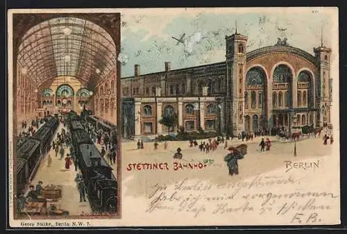 Lithographie Berlin, Stettiner Bahnhof, Innenansicht mit Bahnsteig, Invalidenstrasse