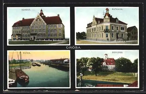 AK Gröba / Riesa, Hafen, Rathaus, Schule, Schloss