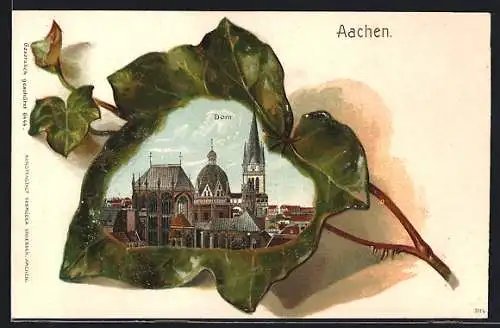 Passepartout-Lithographie Aachen, Efeublatt mit Blick auf den Dom