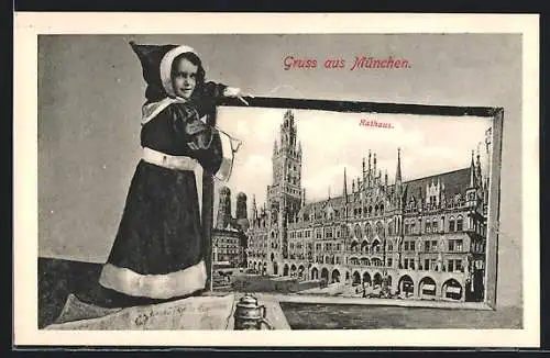 AK München, Münchner Kindl hält das Rathaus