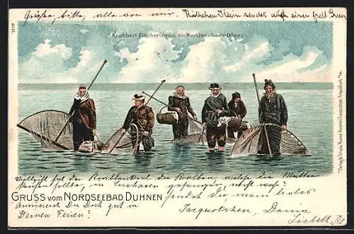 Lithographie Duhnen, Krabben-Fischerinnen im Nordseebad Döse