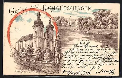 Lithographie Donaueschingen, Pfaueninsel, Kath. Stadtkirche