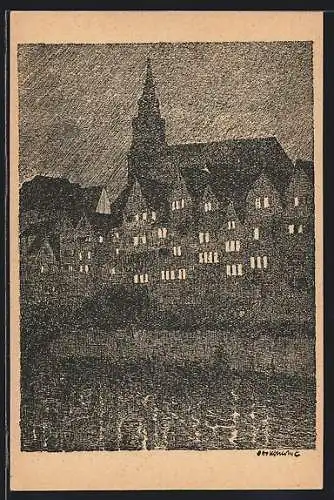 Künstler-AK Otto Ubbelohde: Tübingen, Stiftskirche über der Neckarseite bei Nacht
