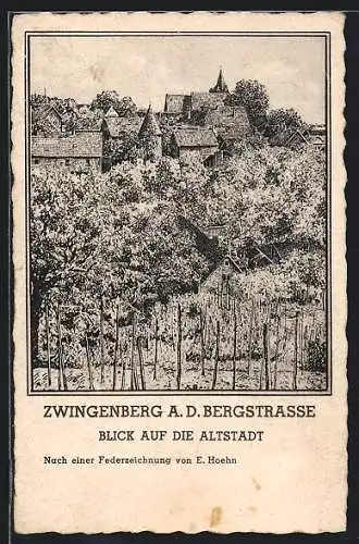Künstler-AK Zwingenberg a. d. Bergstrasse, Blick auf die Altstadt, Federzeichnung