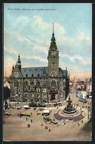 AK Elberfeld, Rathaus mit Jubiläumsbrunnen und Strassenbahn