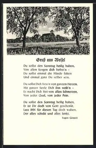 AK Weisel / Rhein, Blick zur Kirche im Ort, Heimat-Gedicht
