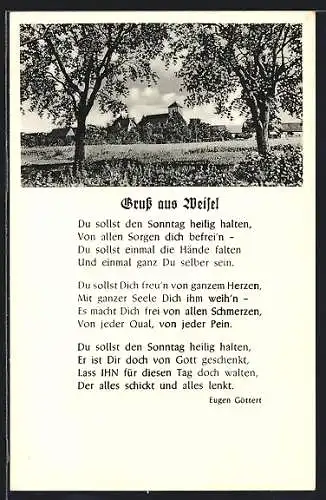 AK Weisel / Rhein, Blick zur Kirche im Ort, Heimat-Gedicht
