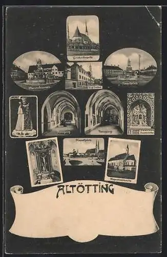 AK Altötting, Marienbrunnen, Gnadenkapelle, Kapellplatz, Kreuzgang, Kapuzinerkirche
