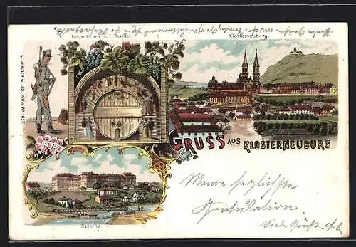 Lithographie Klosterneuburg, Fassrutschen im Gasthaus Stiftskeller, Kaserne, Teilansicht