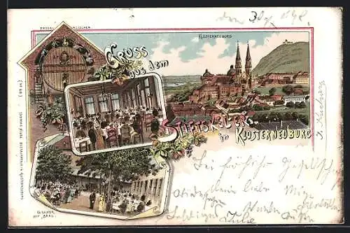 Lithographie Klosterneuburg, Gasthaus Stiftskeller, Fasselrutschen, Veranda mit Saal, Aussen- u. Innenansicht