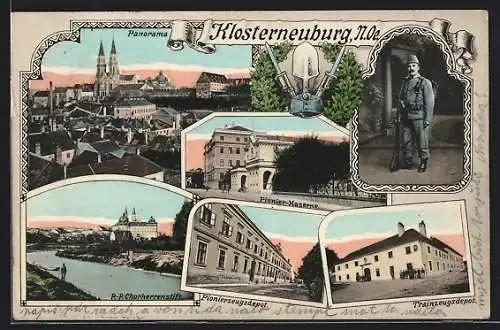 AK Klosterneuburg /N.-Oe., Panoramablick, Pionier-Kaserne, P.-P- Chorherrenstift, Pionierzeugsdepot, Trainzeugsdepot