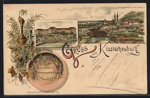 Lithographie Klosterneuburg, Kaserne, Fassrutscher im Stiftskeller, Ortsansicht