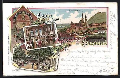 Lithographie Klosterneuburg, Gesamtansicht, Restaurant Stiftskeller mit Verand