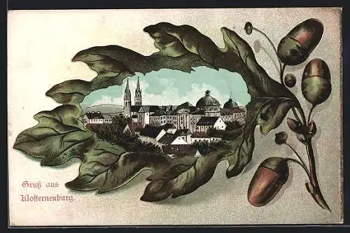 Passepartout-Lithographie Klosterneuburg, Teilansicht auf Eichenblatt