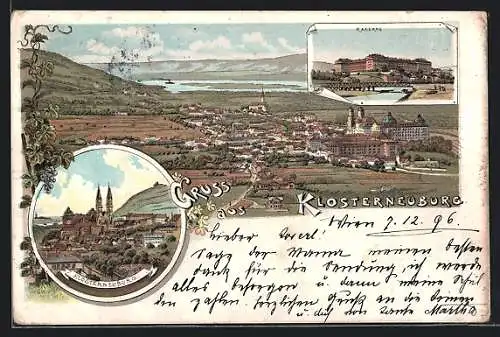 Lithographie Klosterneuburg, Ortsansicht mit der Kirche, Kaserne