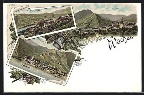 Lithographie Wachau, Rossatz in der Wachau, Ortsansicht, Dürnstein am Wasser, Spitz gegen die Berge