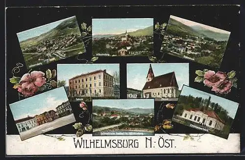 AK Wilhelmsburg /N.-Öst., Ortsansicht aus der Ferne, Schule, Kirche, Hauptplatz, Electrisches Werk