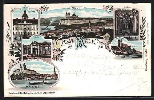 Lithographie Melk a. Donau, Teilansicht mit Stift, Hochaltar der Stiftskirche, Prälatenhof