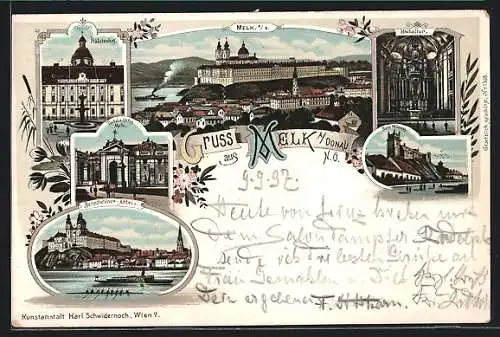 Lithographie Melk a. Donau, Teilansicht mit Stift, Hochaltar der Stiftskirche, Prälatenhof