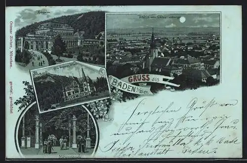 Mondschein-Lithographie Baden /Wien, Ortsansicht vom Calvarienberg, Kursalon, Villa Erzherzog Wilhelm, Kurpromenade