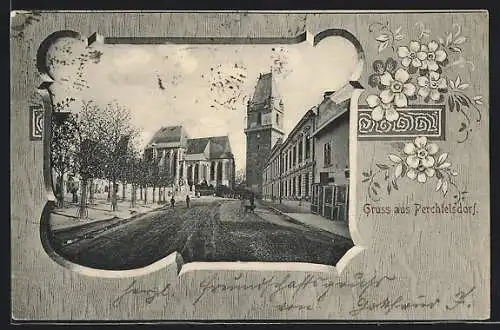 AK Perchtelsdorf, Strassenpartie mit Blick auf die Kirche