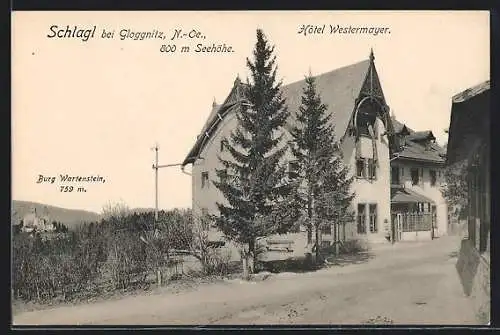 AK Raach am Hochgebirge, Schlagl, Hotel Westermayer und Burg Wartenstein