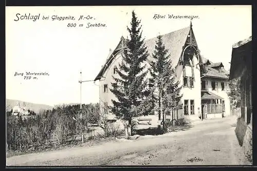 AK Schlagl bei Gloggnitz, Hotel Westermayer mit Blick zur Burg Wartenstein