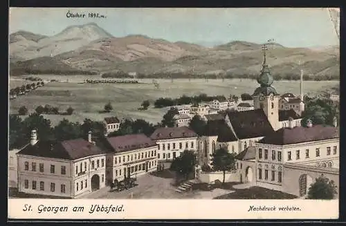AK St. Georgen am Ybbsfeld, Ortsansicht mit Kirche gegen den Ötscher