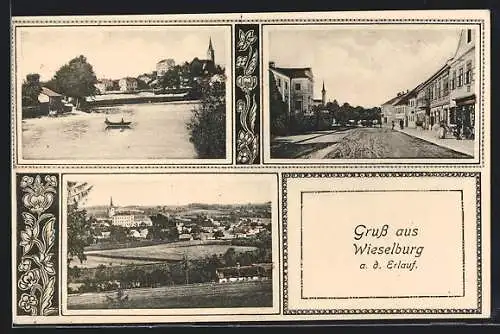 AK Wieselburg a. d. Erlauf, Strassenpartie, Ruderboot auf dem Wasser