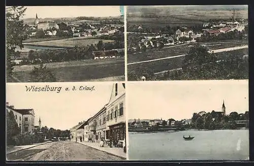 AK Wieselburg, Ortsansicht mit Kirche, Strassenpartie und Flusspartie