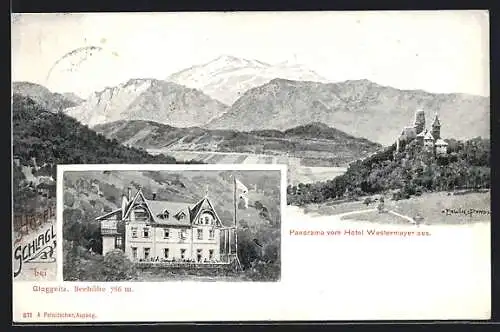 AK Gloggnitz, Hotel Schlagl, Panorama vom Hotel Westermayer aus, Alpenkette