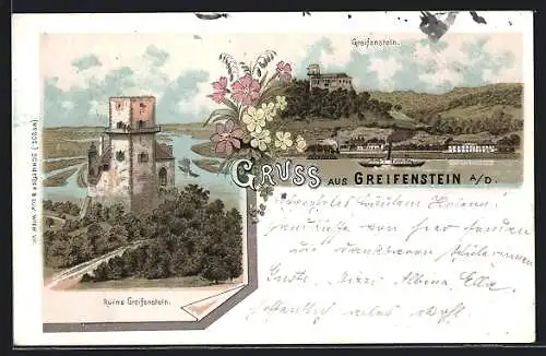 Lithographie Greifenstein a. D., Ruine Greifenstein von der Donau her