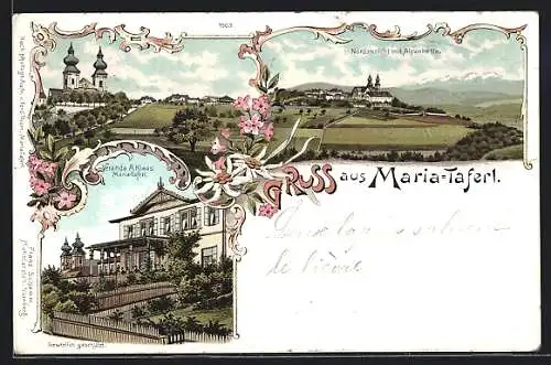 Lithographie Maria-Taferl, Nordansicht mit Alpenkette, Veranda A. Klaus, Teilansicht