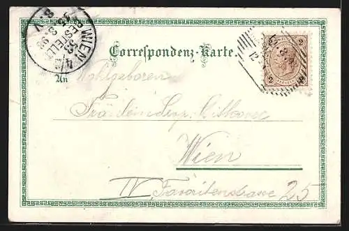 Lithographie Maria-Taferl, Nordansicht mit Alpenkette, Veranda A. Klaus, Teilansicht