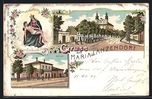 Lithographie Maria Lanzendorf, Gnadenbild, Bahnhof, Kirche