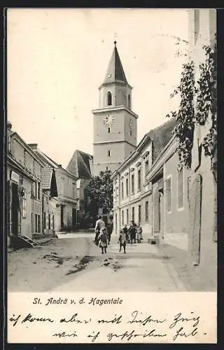 AK St. Andrä v. d. Hagentale, Strassenpartie mit Blick zum Uhrturm