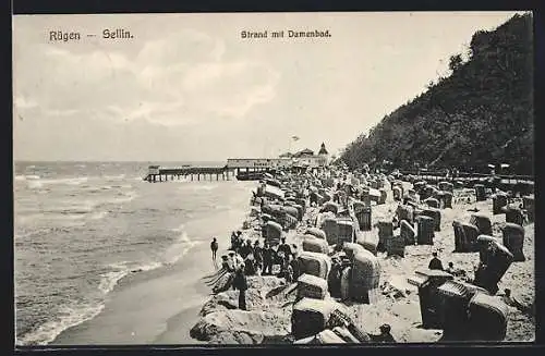 AK Sellin /Rügen, Belebter Strand mit Damenbad