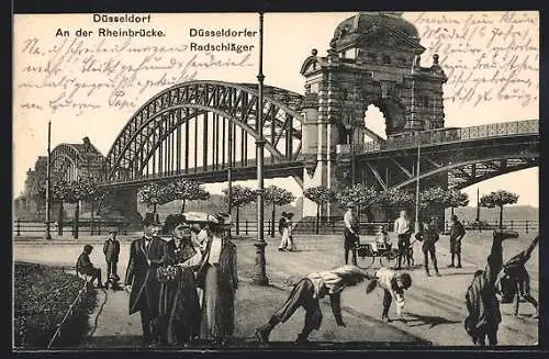 AK Düsseldorf, Rheinbrücke mit Radschlägern
