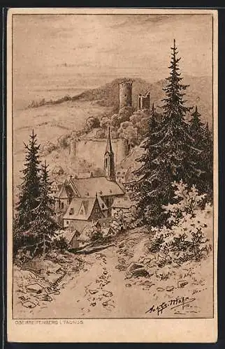 Künstler-AK Oberreifenberg i. Taunus, Ortsansicht mit Ruine und Kirche