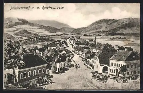 AK Mitterndorf a. d. Reichsstrasse, Ortsansicht gegen die Berge